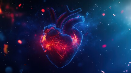 Abstract human heart anatomy on a dark blue background with glowing particles, a concept for a card or banner design
