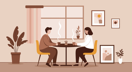 Fototapeta premium Two people enjoying coffee at a cozy indoor café 