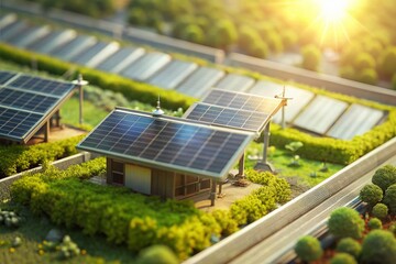 Fototapeta premium Rooftop Solar Panels: Green Energy, Tilt-Shift Photography