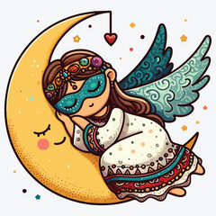 Cartoon angel sleeping on the moon stock illustration
