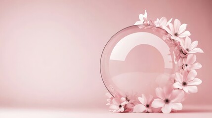 Obraz premium A transparent glass sphere is elegantly adorned with soft pink flowers, resting on a smooth pastel backdrop. This serene arrangement creates a tranquil and aesthetic ambiance