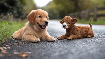 Two puppies on road