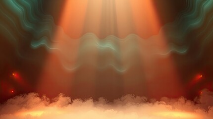 Dramatic glowing beams of light illuminate a blurred artistic background scene