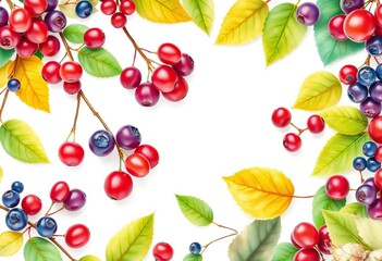 Watercolor frame of vibrant berries and leaves, isolated on white, green, social media