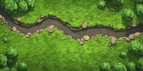 A vibrant green landscape features a meandering river surrounded by lush vegetation and rocky formations. The bright sunlight enhances the natural beauty of the serene environment
