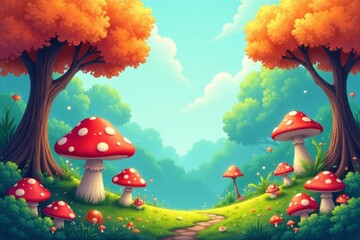 Fototapeta premium Whimsical cartoon trees and mushrooms in a seamless design, whimsical, trees, cartoon