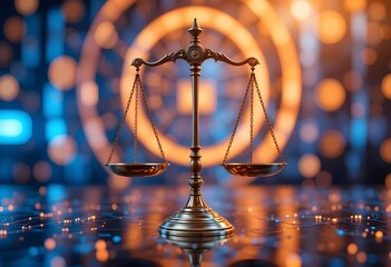 Digital graphic of golden scale of justice over technological interface. Modern concept of fair employment law compliance. Image highlights digital balance between workers