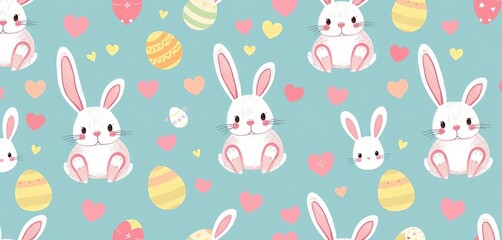Whimsical Easter bunny seamless pattern with eggs & hearts Bright, cheerful design ideal for spring projects, scrapbooking, fun