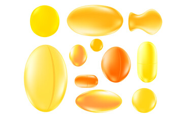 Glowing 3D yellow gold gelatin vitamin pill or soft gel capsule icon set isolated, transparent background. Natural cellulose capsules in various shapes for health nutrition supplement product mockup