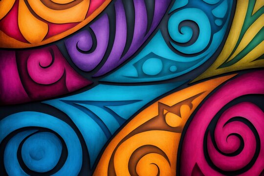Colorful polynesian tattoo style abstract background showing swirls and shapes