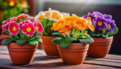 Fototapeta premium Close-up of colorful Primorose flowers in terracotta pots on a terrace. Generated image