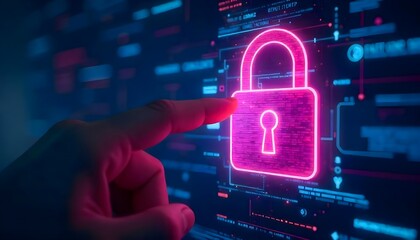 Fototapeta premium Securing Digital Landscapes With the Glow of a Pink Padlock Icon and Data Streams