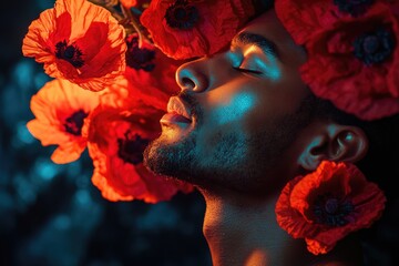 A man with closed eyes surrounded by vibrant red poppies, bathed in dramatic lighting.