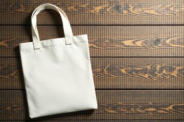 White canvas tote bag mockup on wooden surface with copyspace, presentation, tote bag, copyspace
