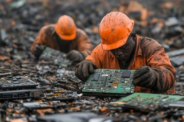 Workers sorting electronic waste at agbogbloshie dump in accra, ghana