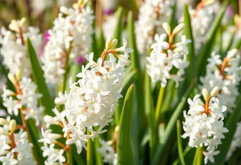 White hyacinth flowers in full bloom, floating against a pristine spring backdrop, bright, pure