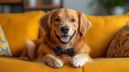 Smiling golden retriever wearing a bow tie, resting on a yellow couch