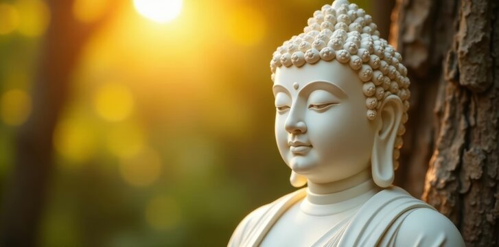 White statue of gold buddha shining in sunlight, serene face, peaceful, mindfulness, sacred, deity