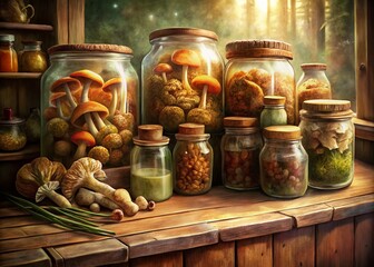 Rustic Kitchen Still Life: Preserved Mushrooms in Jars, Copy Space Left