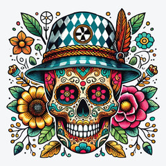 Cartoon human skull in Bavarian traditional hat stock illustration