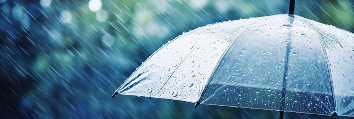 A transparent umbrella protects against heavy rain as droplets cascade down. The background features blurred greenery, creating a calm atmosphere during a rainy day