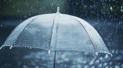 Raindrops cascade on a transparent umbrella as the rain creates ripples in puddles on the ground. The atmosphere is calm and serene, typical of a rainy day