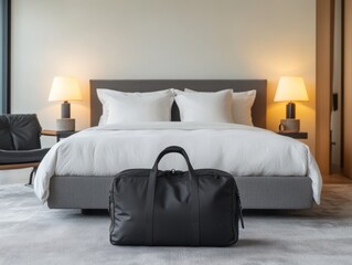 A black duffel bag rests in a modern bedroom setting
