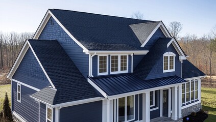 A stunning two-story house with a dark blue roof and siding, accented by white trim. The home features a metal roof over the front porch.