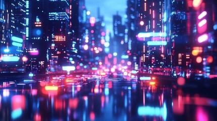 Obraz premium A futuristic display of colorful LED lights against a blurred urban background