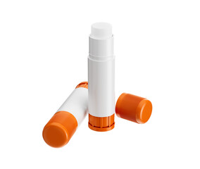 Two glue sticks with orange caps, one open to show the glue inside. 3d illustration