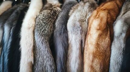 Obraz premium A glamorous retail display of designer fur coats, elegantly hung in a row.