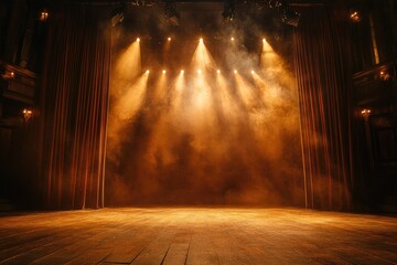 Bright stage lights illuminating smoke on theater stage