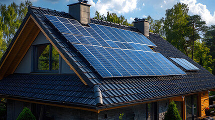 Fototapeta premium Sustainable Energy Solutions: Solar Panels in Urban Landscape at Sunrise 