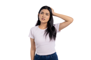 Young Asian woman holding her head in pain with a stressed expression, feeling headache or discomfort, isolated on transparent background