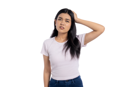 Young Asian woman holding her head in pain with a stressed expression, feeling headache or discomfort, isolated on transparent background
