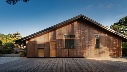 house with a japandi mid century vibe wide shot to capture the entire house exterior featuring wooden panels