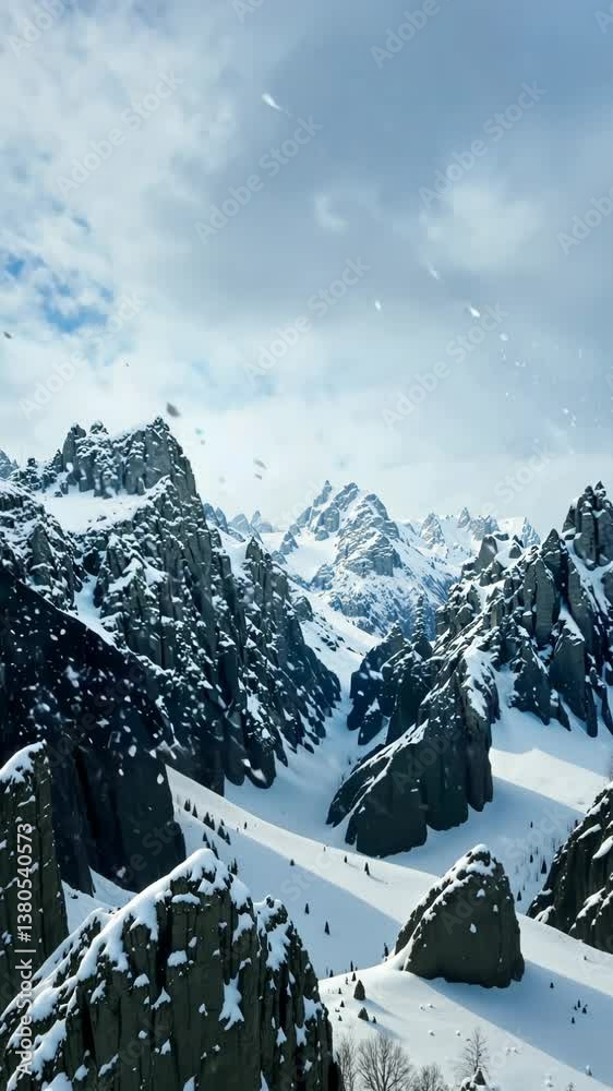Poster a mountain range covered in snow. the snow is falling from the sky. the mountains are very tall