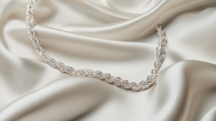 Fototapeta premium A graceful silver necklace with a delicate pendant, artfully arranged on a white silk backdrop for a luxurious touch.