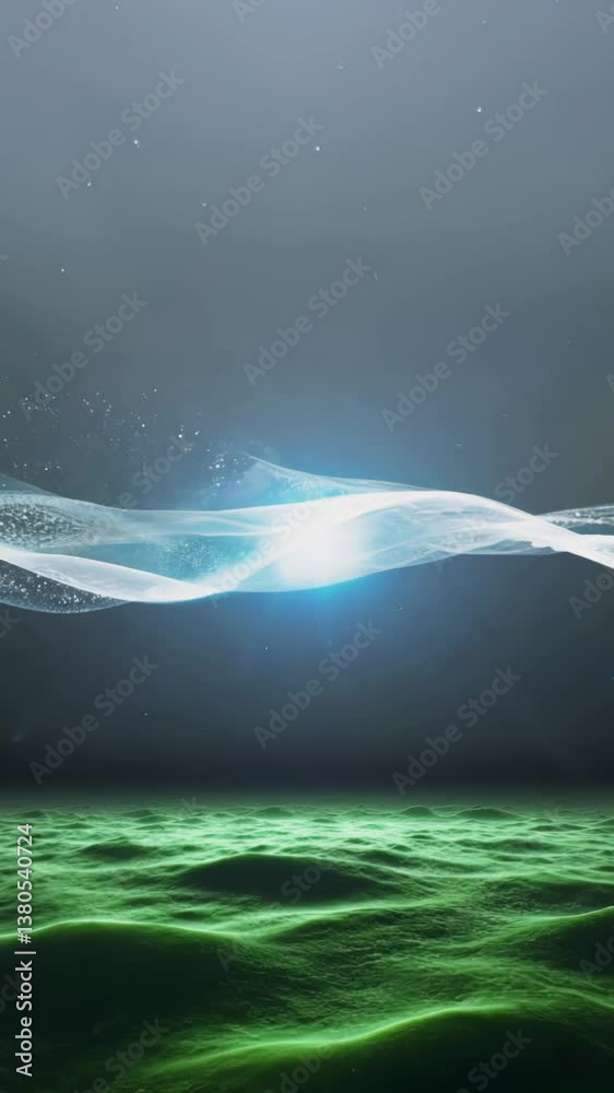 Poster the sky is a deep blue color with a few white clouds scattered throughout. a large, blue wave is pre