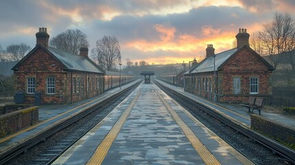 Obraz premium Serene Sunrise at a Historic Train Station