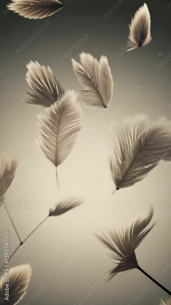 Poster a feather is shown in the air with a white background. the feather is in the middle of the image