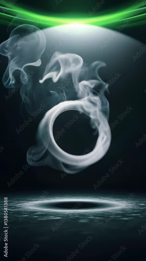 Poster a white ring is suspended in the air, surrounded by a cloud of smoke. the smoke is a mixture of whit