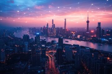 Fototapeta premium Network connecting shanghai skyline at dusk with illuminated buildings and river