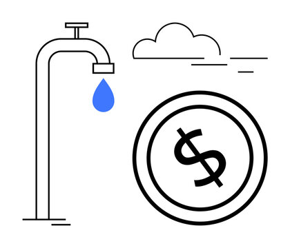 Water faucet releasing drop alongside a dollar icon, representing water conservation, financial impact, sustainability, resource value, scarcity, budget, renewable energy. Ideal for flat simple