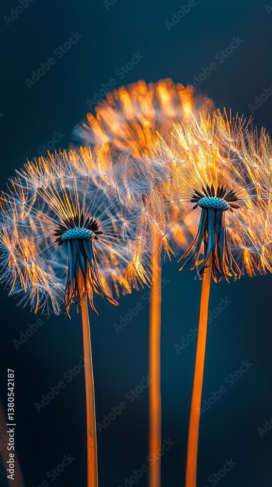 Poster three dandelion flower heads sway gently in the evening breeze, their delicate fluff illuminated by 