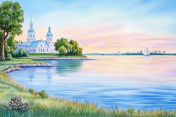 A soft watercolor painting of Riga skyline at dusk, with warm pastel hues in the sky