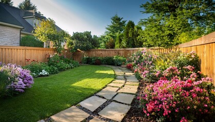 lush backyard garden with vibrant flowers lush lawn stone path and wooden fence on a sunny day
