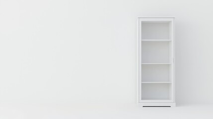 A simple white cabinet stands in an empty, bright room with light walls. Its four shelves are vacant, highlighting the minimalist design and open space