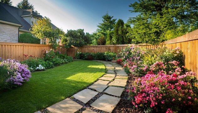 lush backyard garden with vibrant flowers lush lawn stone path and wooden fence on a sunny day
