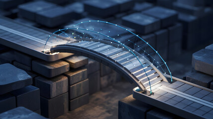 Change Management: A digital bridge being constructed over a gap, symbolizing the transition and adaptation in organizational change management.	
